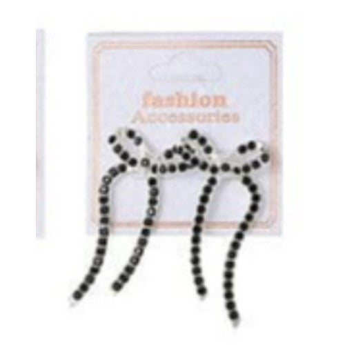 AER 1510 Rhinestone Bow Earrings in Silver & Black