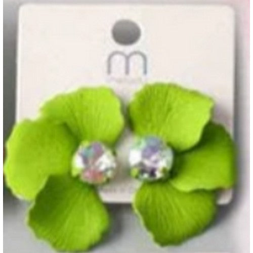 ER 37019R Rhinestone Paint Split Flower Earring in Green