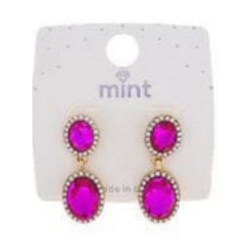 JAE-46693 Oval Double Gem Rhinestone Gold Earring in Fuchsia