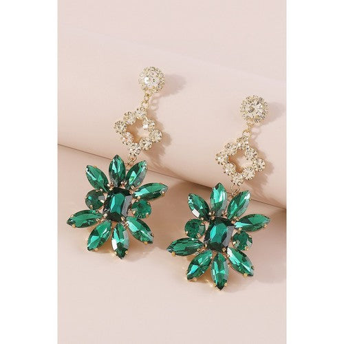 Rhinestone & Crystal Flower Earrings in Green