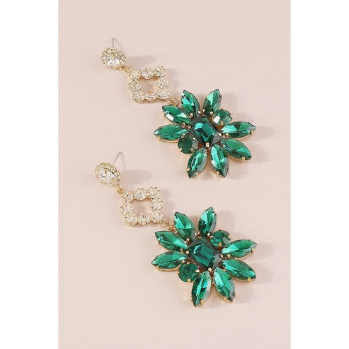Rhinestone & Crystal Flower Earrings in Green