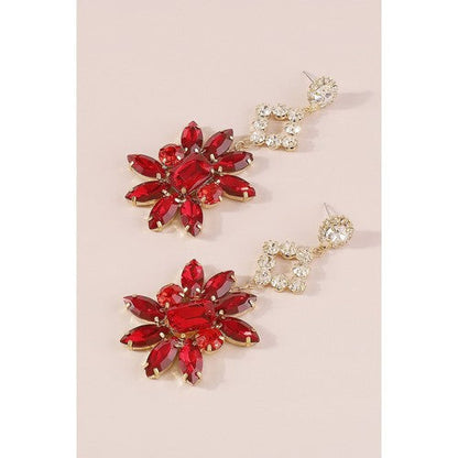 Rhinestone & Crystal Flower Earrings in Red