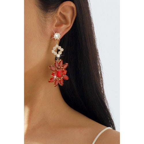 E11683 Rhinestone & Crystal Flower Earrings in Red