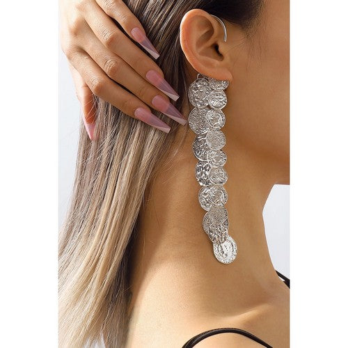 E11437 Long Tiered Coins Single Cuff Earring in Silver