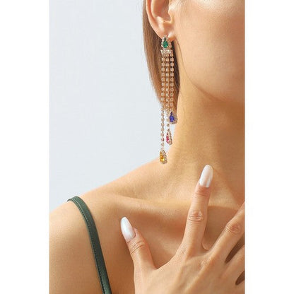Long Tassel Colourful Rhinestone Strand Earrings in Gold