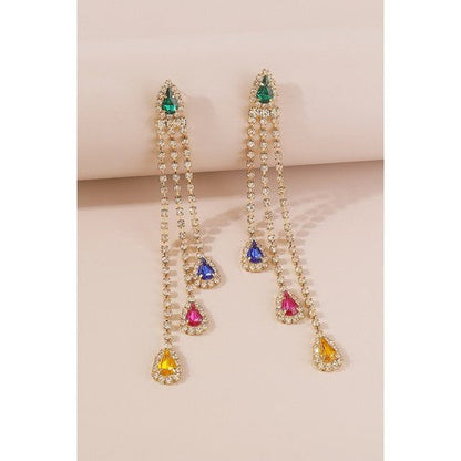 Long Tassel Colourful Rhinestone Strand Earrings in Gold