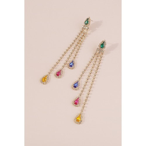 Long Tassel Colourful Rhinestone Strand Earrings in Gold