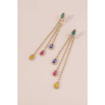 Long Tassel Colourful Rhinestone Strand Earrings in Gold