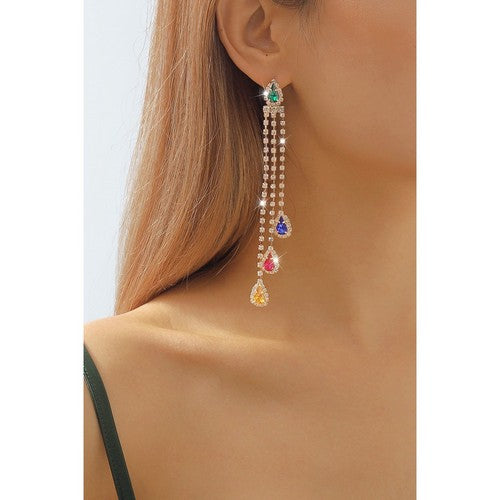 E11732 Long Tassel Colourful Rhinestone Strand Earrings in Gold
