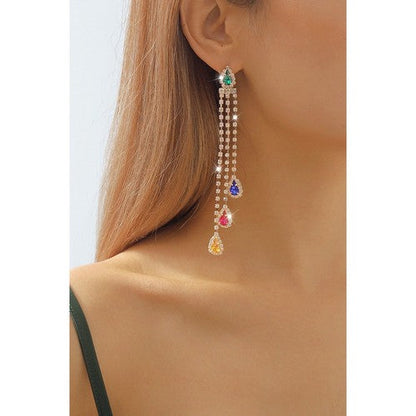 E11732 Long Tassel Colourful Rhinestone Strand Earrings in Gold