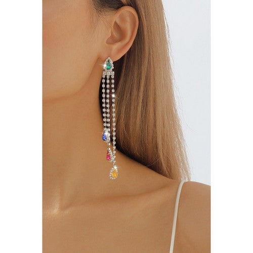 Long Tassel Colourful Rhinestone Strand Earrings in Silver