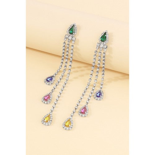 Long Tassel Colourful Rhinestone Strand Earrings in Silver