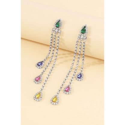Long Tassel Colourful Rhinestone Strand Earrings in Silver