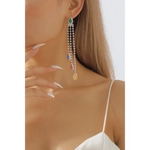 E11732 Long Tassel Colourful Rhinestone Strand Earrings in Silver