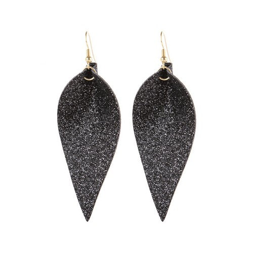 HDE3058 Pinched Glittery Leather Drop Earrings in Black
