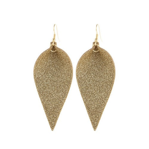 HDE3058 Pinched Glittery Leather Drop Earrings in Gold