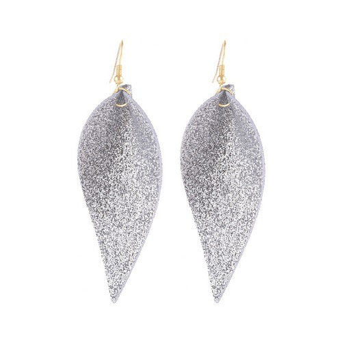 HDE3058 Pinched Glittery Leather Drop Earrings in Silver