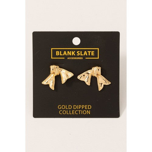 Blank Slate Gold Dipped Sleek Ribbon Bow Earrings in Gold