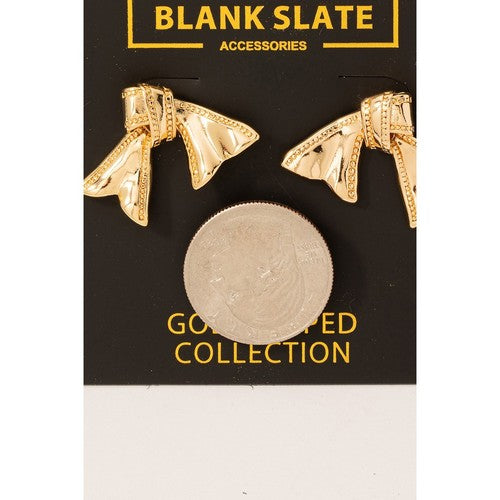 MME9510 Gold Dipped Sleek Ribbon Bow Earrings in Gold