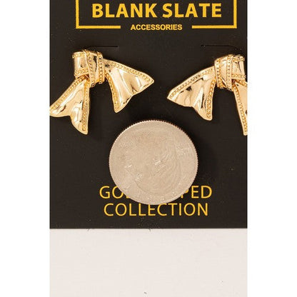 MME9510 Gold Dipped Sleek Ribbon Bow Earrings in Gold