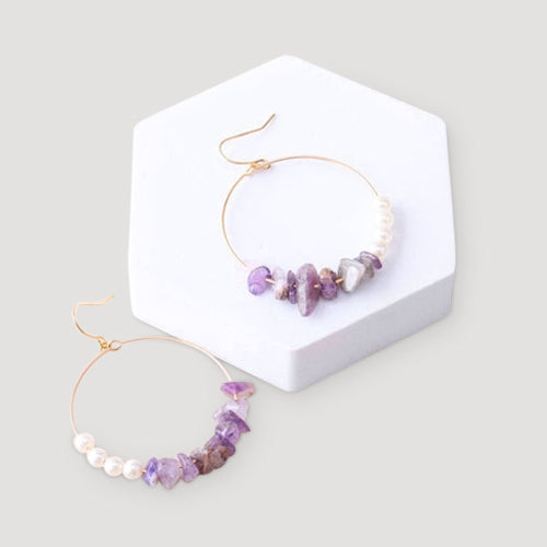 Quartz & Pearl Gold Hoop Earrings in Purple