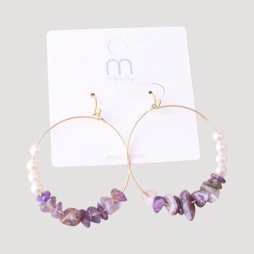 Quartz & Pearl Gold Hoop Earrings in Purple
