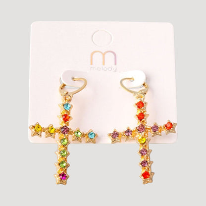 Rhinestone Cross Leverback Gold Earring in Multicolour