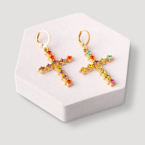 Rhinestone Cross Leverback Gold Earring in Multicolour