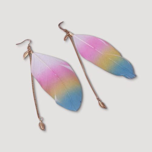 Rainbow Feather Chain Tassel Gold Earring