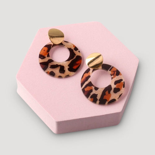 Acrylic Cheetah Circle Drop Earring in Brown