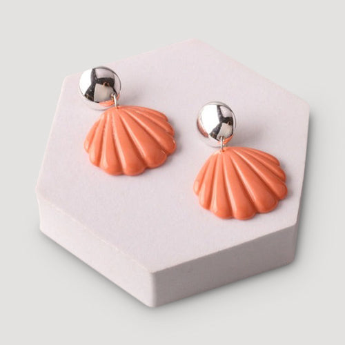 Shell Drop Button Earring in Silver & Coral