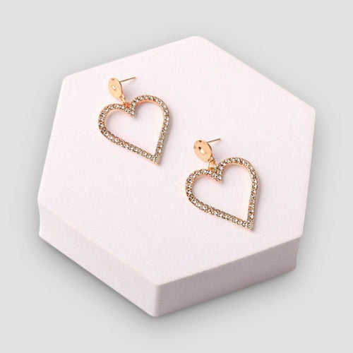 Rhinestone Heart Shape Drop Gold Earring in Clear Crystal