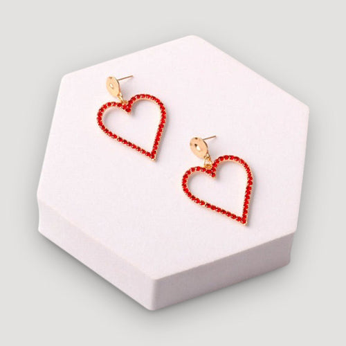 Rhinestone Heart Shape Drop Gold Earring in Red