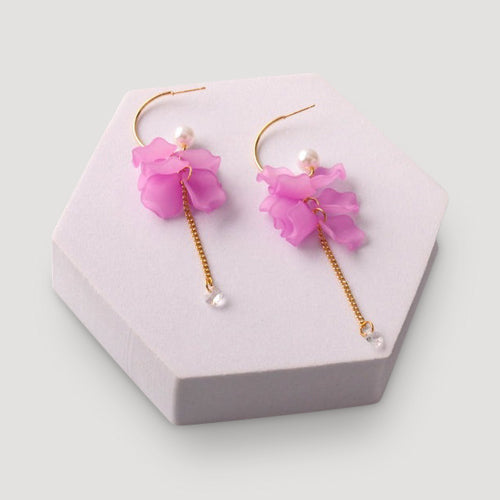 Petals Tassel Crystal Chain Hoop Earring in Dark Pink