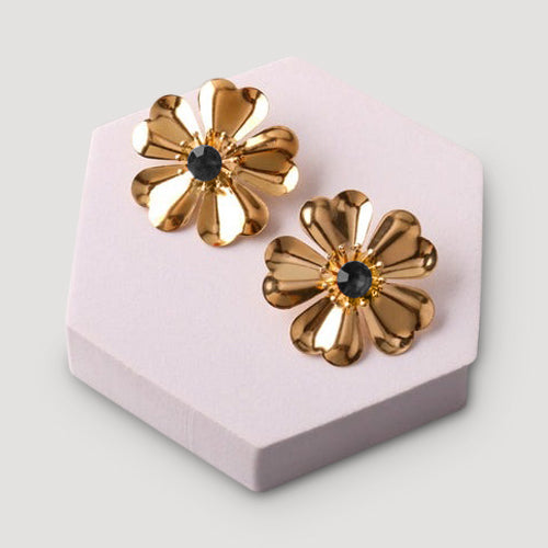 Rhinestone Metal Flower Gold Earring in Black