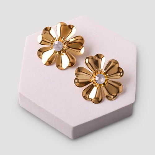 Rhinestone Metal Flower Gold Earring in Clear Crystal