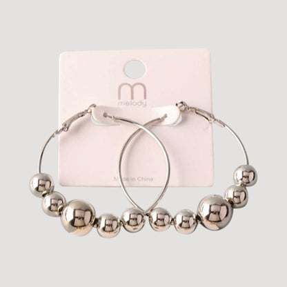 Metal Bead Threaded Hoop Earring in Silver