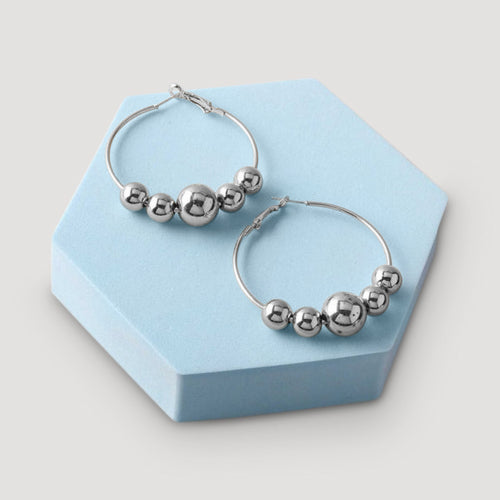 Metal Bead Threaded Hoop Earring in Silver