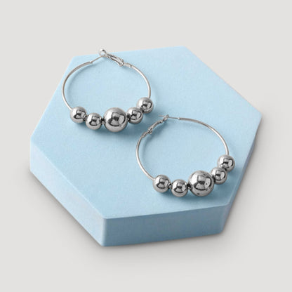 Metal Bead Threaded Hoop Earring in Silver