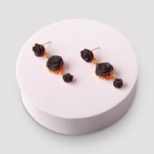 Triple Rose Drop Earring in Black