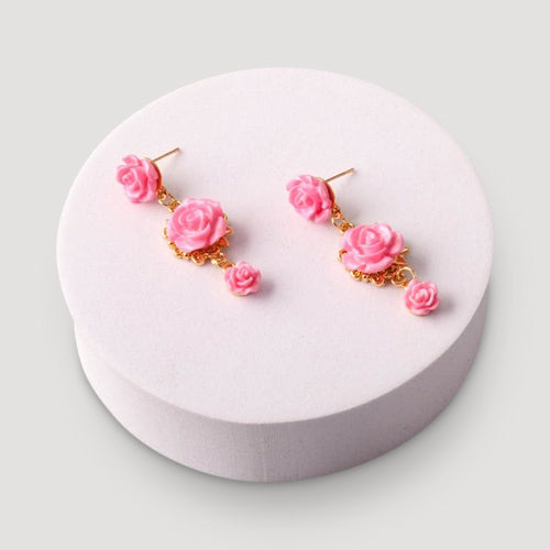 Triple Rose Drop Earring in Pink