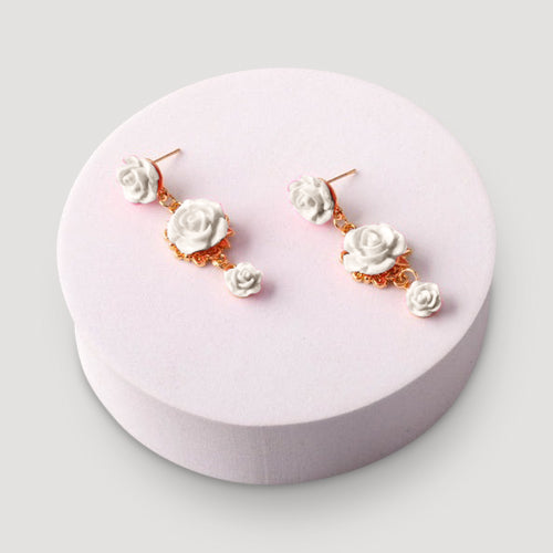 Triple Rose Drop Earring in White