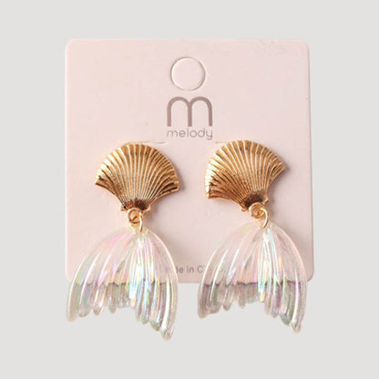 Mermaid Tail Seashell Drop Gold Earring in Irridescent White
