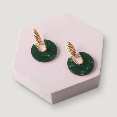 Hammered Gold Spear Acrylic Disc Earring in Green