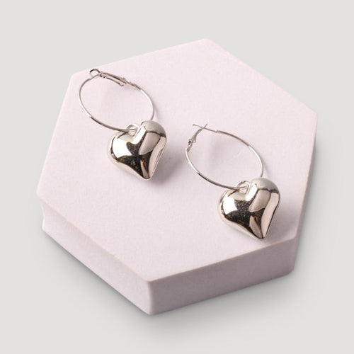 Chunky Heart Charm Hoop Earring in Silver
