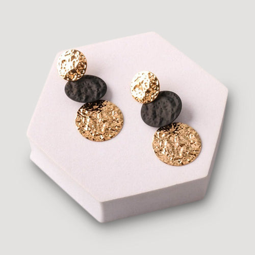 Hammered Painted Discs Drop Earring in Black & Gold