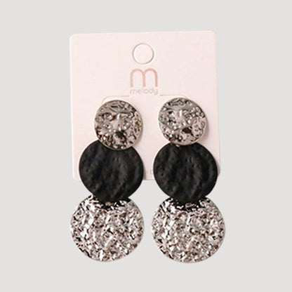 Hammered Painted Discs Drop Earring in Black & Silver