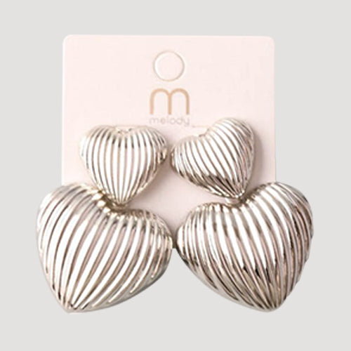 Ribbed Chunky Hearts Drop Earring in Silver