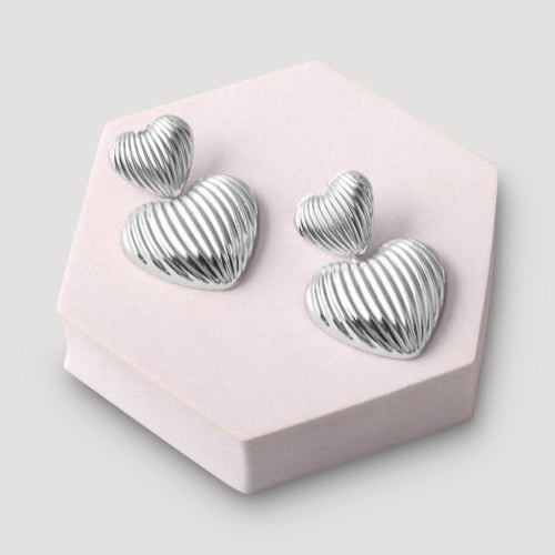 Ribbed Chunky Hearts Drop Earring in Silver