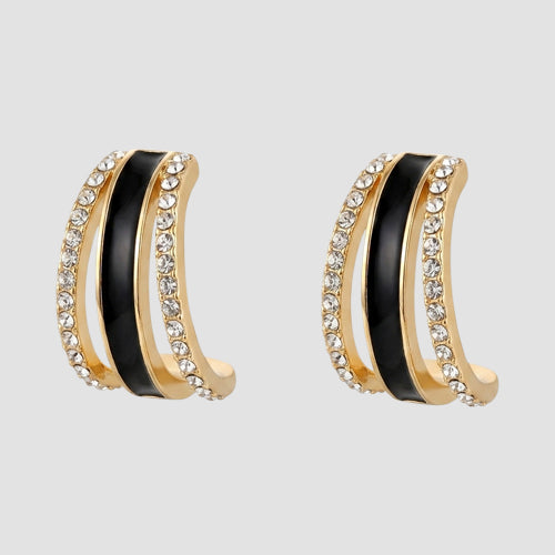 Rhinestone & Enamel Huggie Earrings in Black